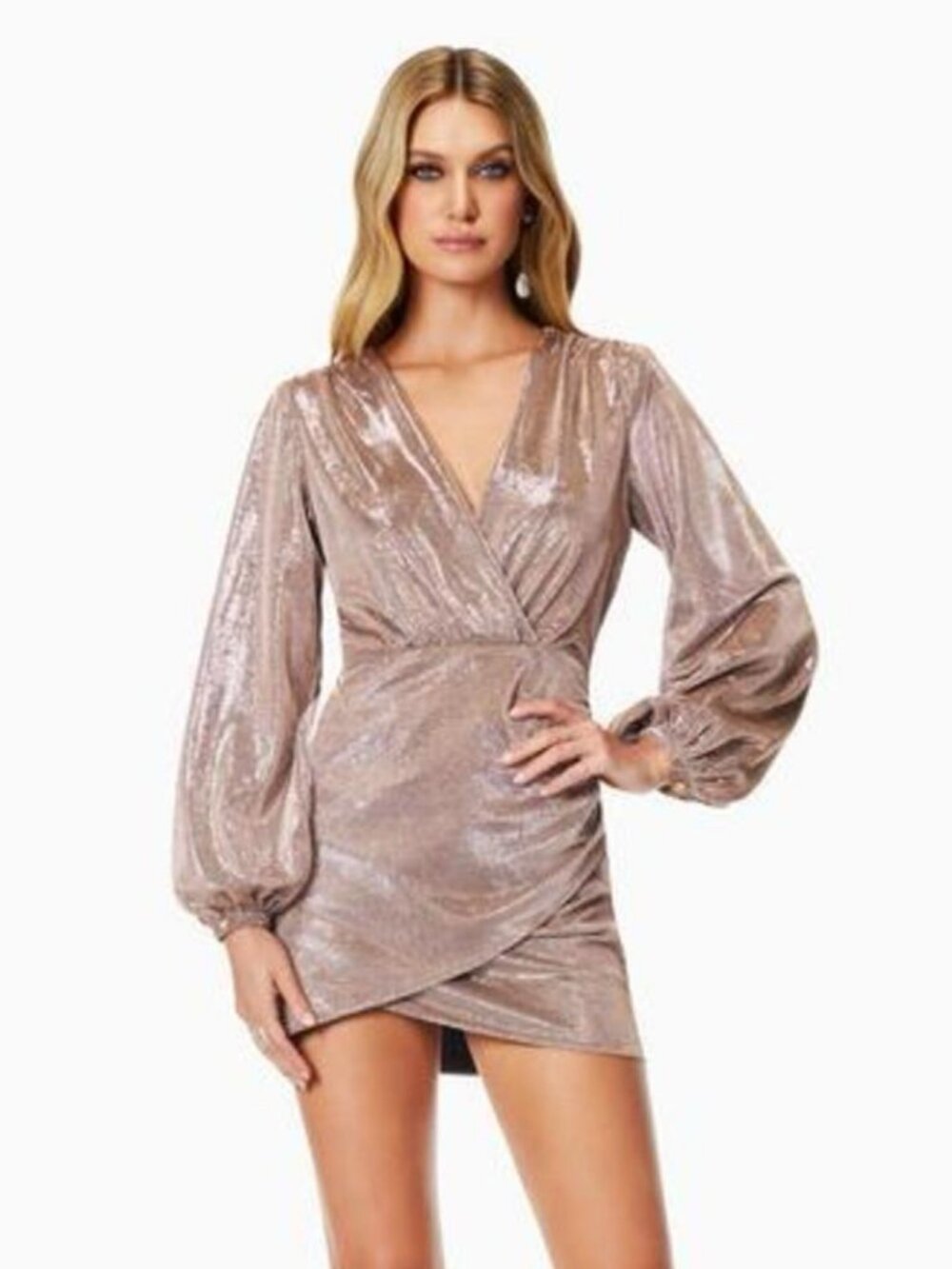 Ramy Brook Bonny Metallic Faux Wrap Draped Dress in Holiday Blush
